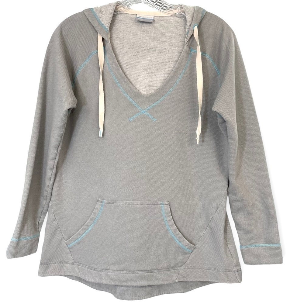 Columbia Sportswear PFG gray hoodie teal trim v-neck pouch pocket Medium
